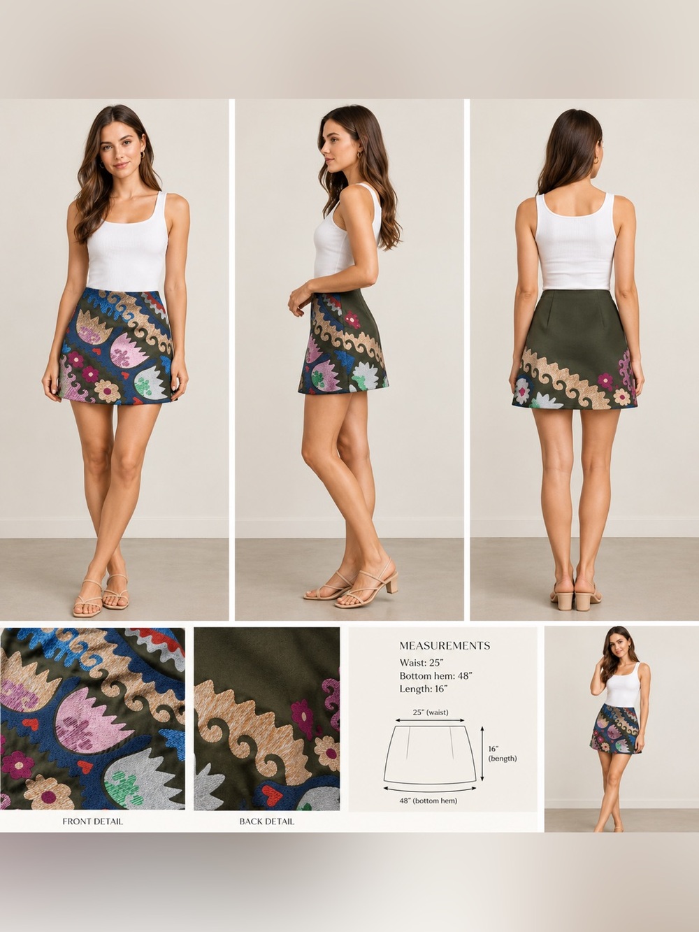 Anthropologie Style Embroidered Floral Olive A-Line Skirt